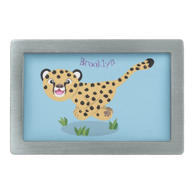 Cute baby cheetah running cartoon illustration belt buckle (Front)