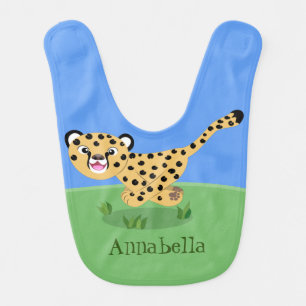 Cute baby cheetah running cartoon illustration bib