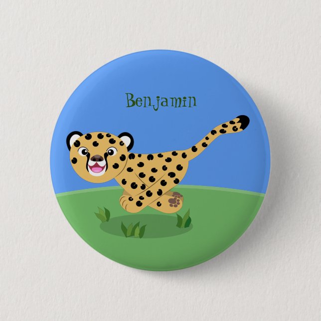 Cute baby cheetah running cartoon illustration button (Front)