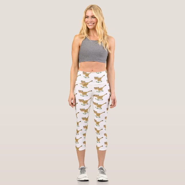 Cute baby cheetah running cartoon illustration capri leggings (Front)