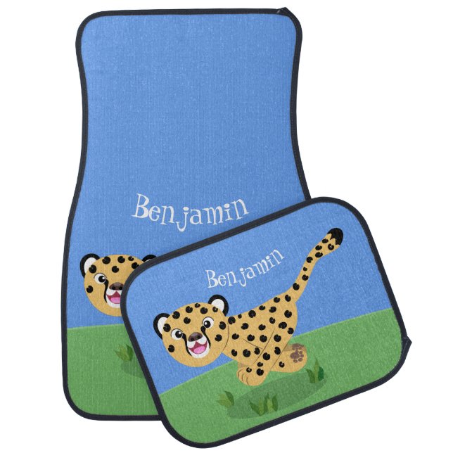 Cute baby cheetah running cartoon illustration car floor mat (Set)