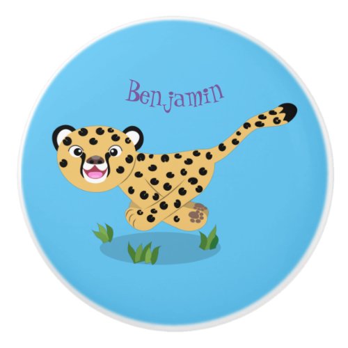 Cute baby cheetah running cartoon illustration ceramic knob