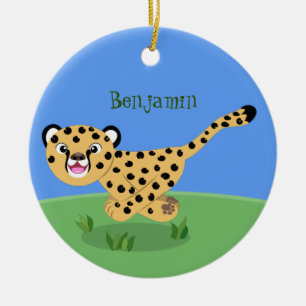 Cute baby cheetah running cartoon illustration ceramic ornament