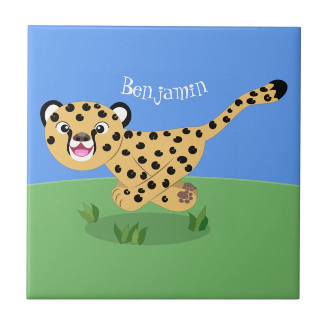 Cute baby cheetah running cartoon illustration ceramic tile (Front)