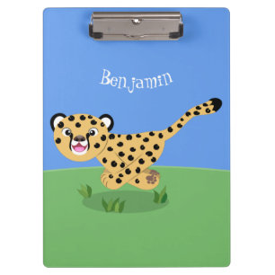 Cute baby cheetah running cartoon illustration clipboard