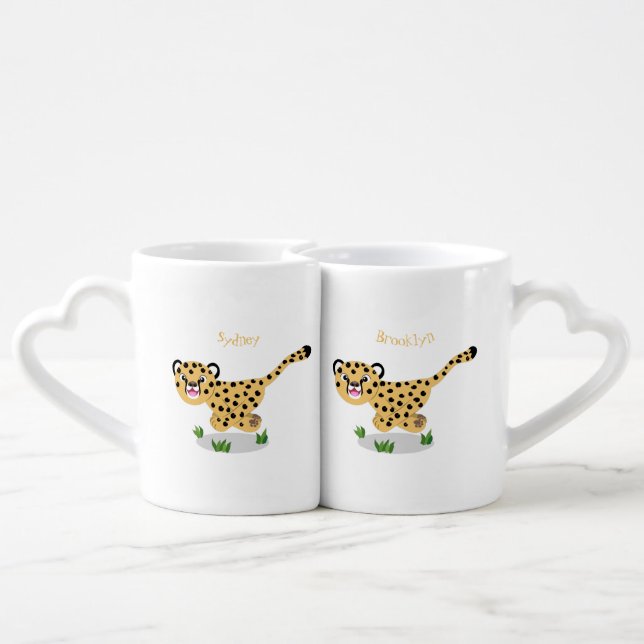 Cute baby cheetah running cartoon illustration coffee mug set (Back Nesting)