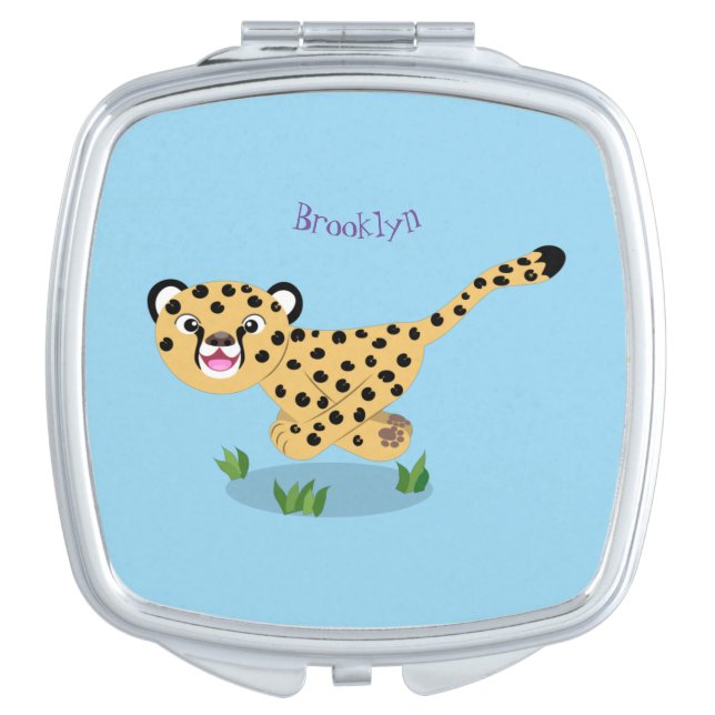 Cute baby cheetah running cartoon illustration compact mirror (Front)