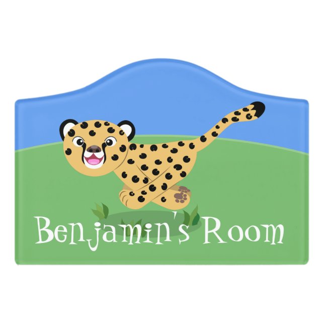 Cute baby cheetah running cartoon illustration door sign (Small Crest Front)