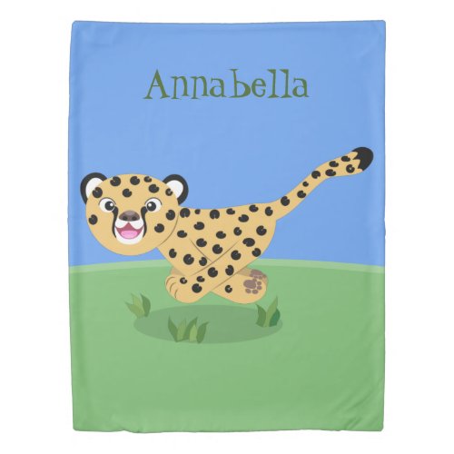 Cute baby cheetah running cartoon illustration duvet cover