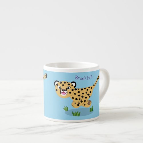 Cute baby cheetah running cartoon illustration espresso cup