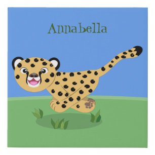 Cute baby cheetah running cartoon illustration faux canvas print