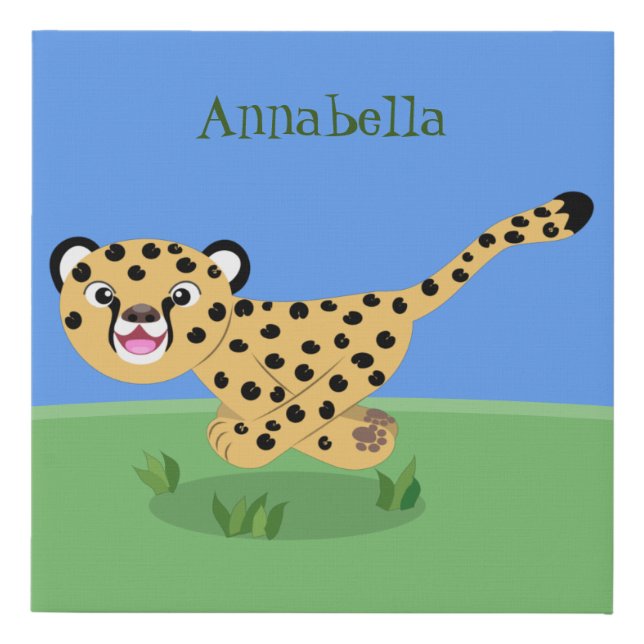Cute baby cheetah running cartoon illustration faux canvas print (Front)