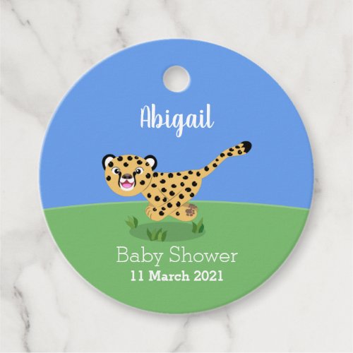 Cute baby cheetah running cartoon illustration favor tags