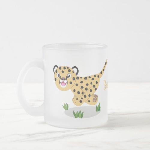 Cute baby cheetah running cartoon illustration frosted glass coffee mug