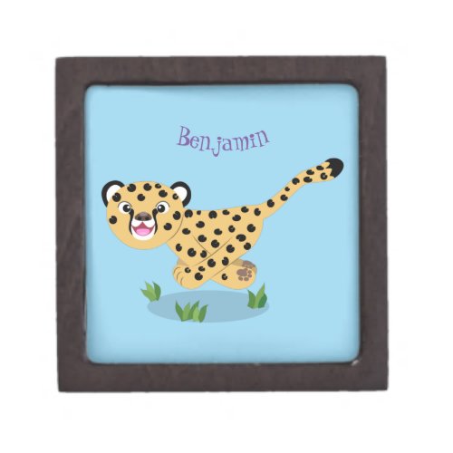 Cute baby cheetah running cartoon illustration gift box