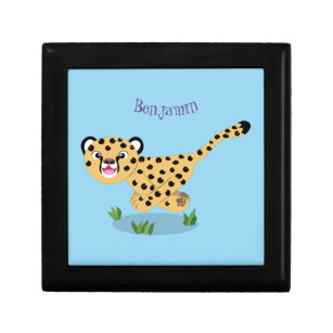 Cute baby cheetah running cartoon illustration gift box