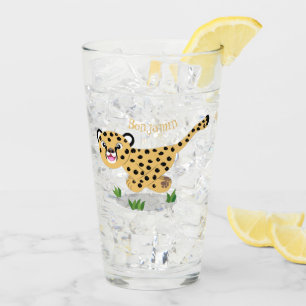 Cute baby cheetah running cartoon illustration glass