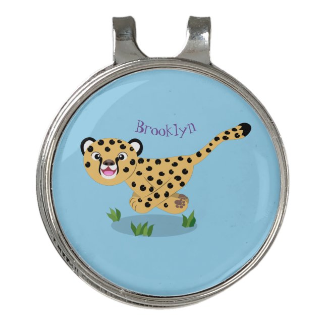 Cute baby cheetah running cartoon illustration golf hat clip (Front)