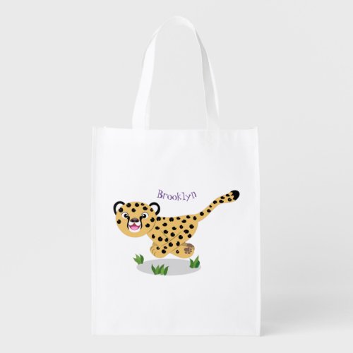 Cute baby cheetah running cartoon illustration  grocery bag