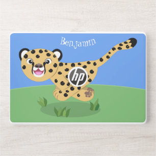 Cute baby cheetah running cartoon illustration HP laptop skin
