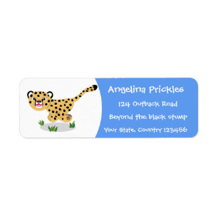 Cute baby cheetah running cartoon illustration label