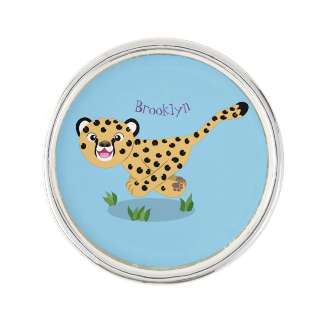 Cute baby cheetah running cartoon illustration lapel pin (Front)