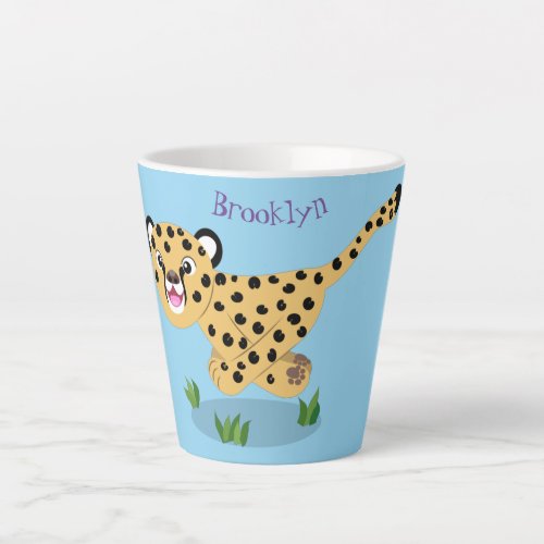 Cute baby cheetah running cartoon illustration latte mug