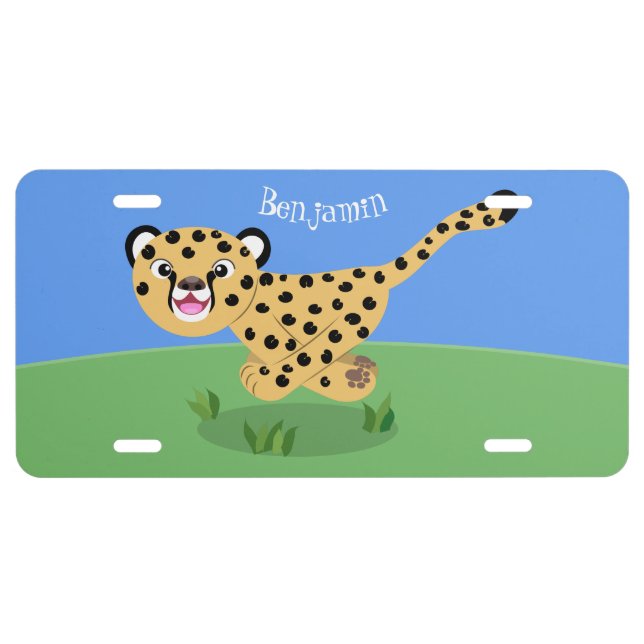 Cute baby cheetah running cartoon illustration license plate (Front)