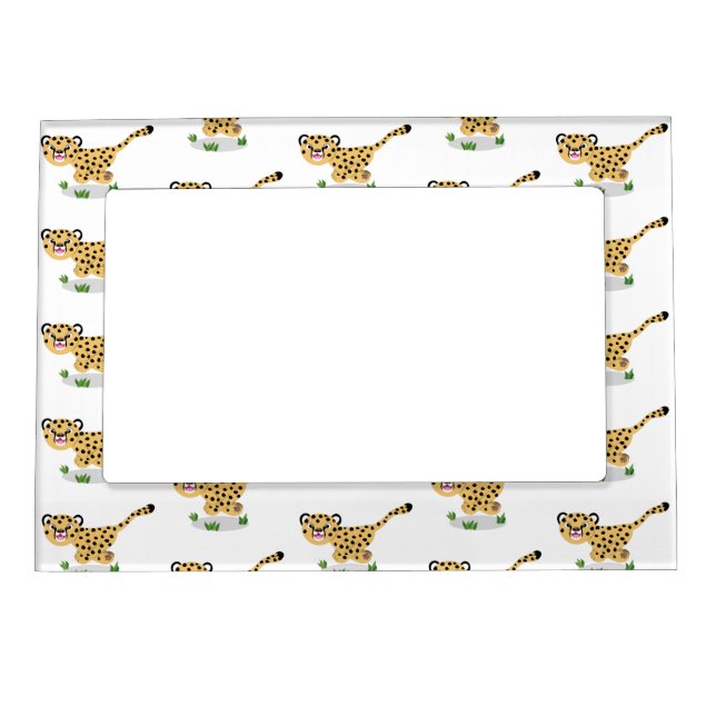 Cute baby cheetah running cartoon illustration magnetic frame (Front)
