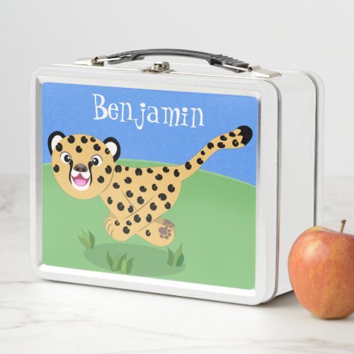 Cute baby cheetah running cartoon illustration metal lunch box