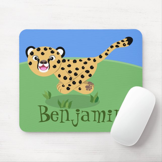 Cute baby cheetah running cartoon illustration mouse pad (With Mouse)