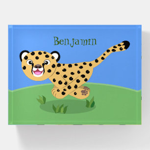 Cute baby cheetah running cartoon illustration paperweight
