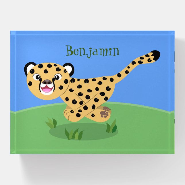 Cute baby cheetah running cartoon illustration paperweight (Front)