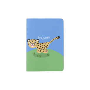 Cute baby cheetah running cartoon illustration passport holder