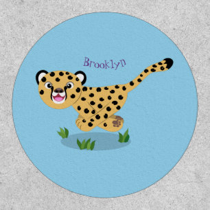 Cute baby cheetah running cartoon illustration patch