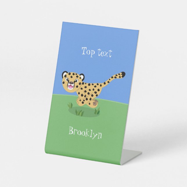Cute baby cheetah running cartoon illustration pedestal sign (Front)