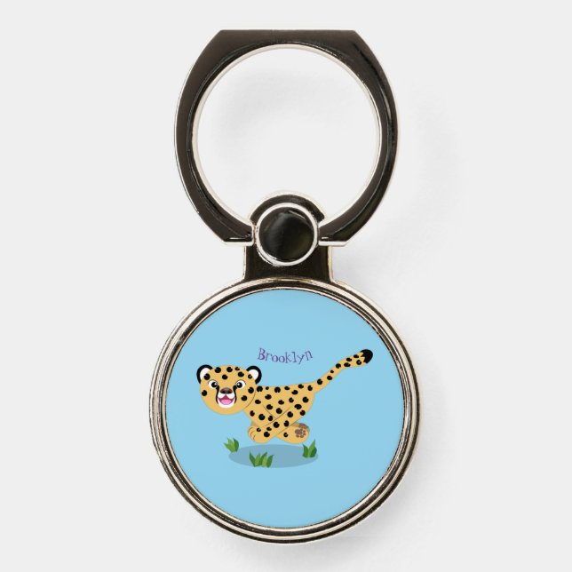 Cute baby cheetah running cartoon illustration phone ring stand (Front)