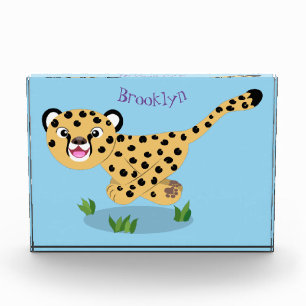 Cute baby cheetah running cartoon illustration photo block
