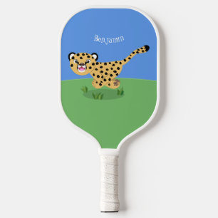 Cute baby cheetah running cartoon illustration pickleball paddle