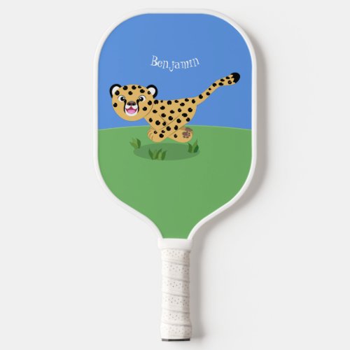 Cute baby cheetah running cartoon illustration pickleball paddle