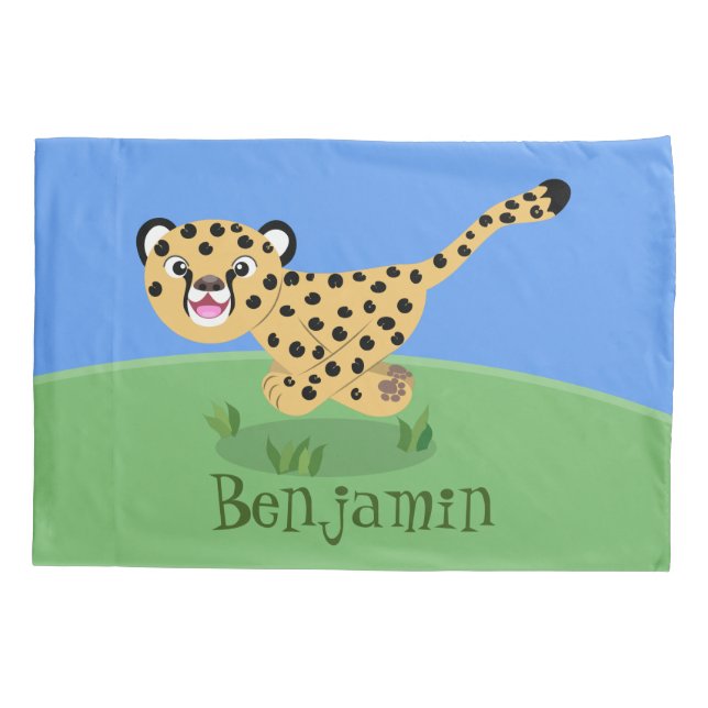Cute baby cheetah running cartoon illustration pillow case (Back)