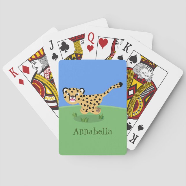 Cute baby cheetah running cartoon illustration poker cards (Back)