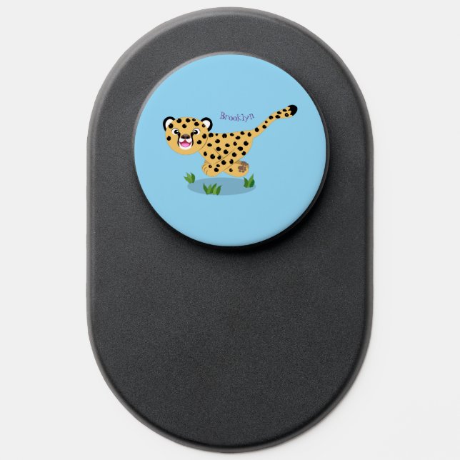 Cute baby cheetah running cartoon illustration PopSocket (Popsocket)