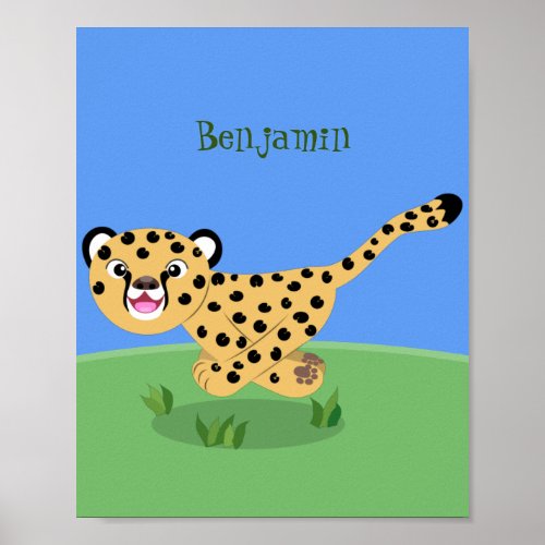 Cute baby cheetah running cartoon illustration poster