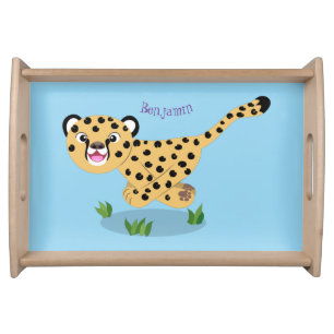 Cute baby cheetah running cartoon illustration serving tray