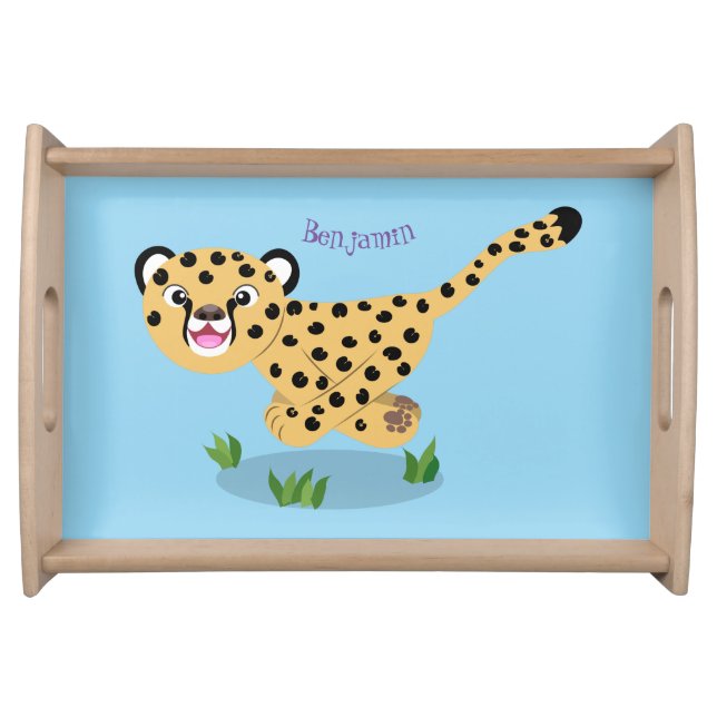 Cute baby cheetah running cartoon illustration serving tray (Front)