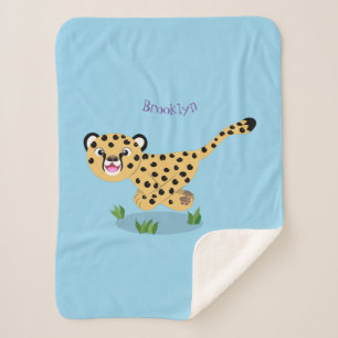 Cute baby cheetah running cartoon illustration sherpa blanket