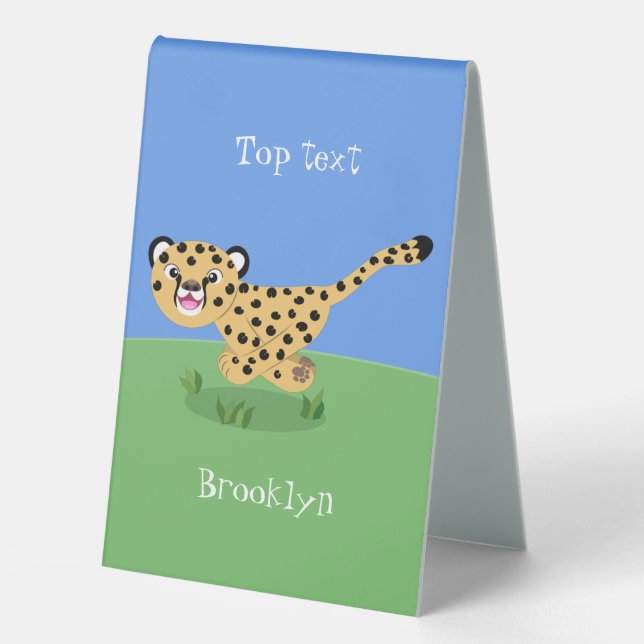 Cute baby cheetah running cartoon illustration table tent (Front)