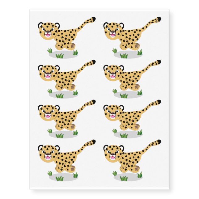 Cute baby cheetah running cartoon illustration temporary tattoos (Front)