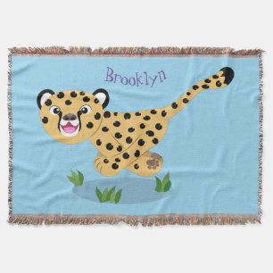 Cute baby cheetah running cartoon illustration throw blanket